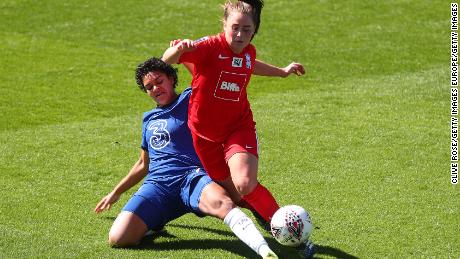 Chelsea;s Jess Carter of Chelsea tackles Jamie-Lee Napier of Birmingham City during the Women&#39;s Super League match at Kingsmeadow on April 4, 2021 in Kingston upon Thames.