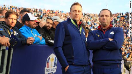 Poulter and Garcia stand on the first tee during the morning fourball matches of the 2018 Ryder Cup.