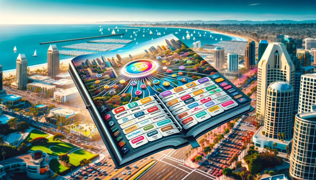 A vibrant, bustling San Diego cityscape with a modern directory book titled 'Top San Diego Business Directory 2024' open to various business categories.