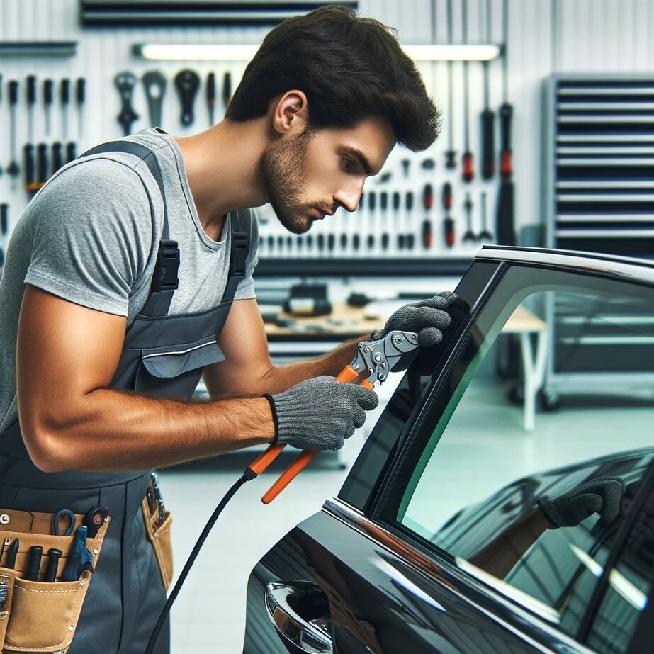A professional auto glass technician carefully replacing a side window on a sedan in a modern, well-organized garage. The technician is using specialized tools and wearing safety gear, emphasizing precision and safety in the car window replacement process.